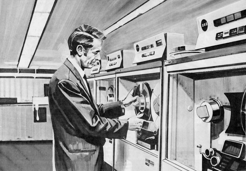 Homem, tendendo, mainframe, computador de English School