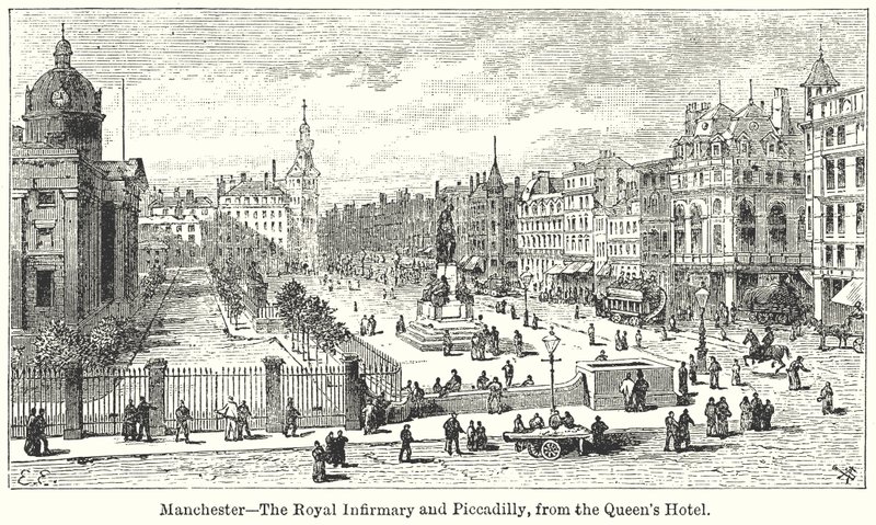 Manchester The Royal Infirmary e Piccadilly, do Queens Hotel de English School