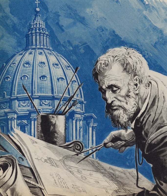 Michelangelo, com seu projeto para a cúpula de São Pedro em Roma de English School