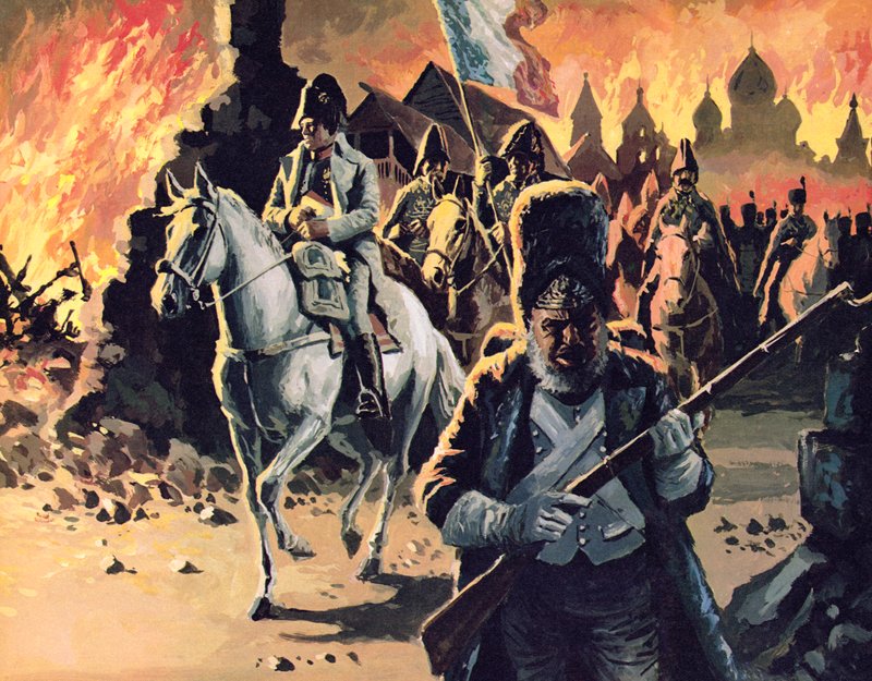 Napoleão cavalgando por Moscou em chamas de English School