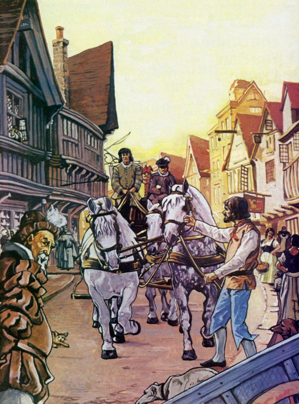 Shakespeare, do lado de fora de um teatro e segurando os cavalos dos atores quando eles chegaram de English School
