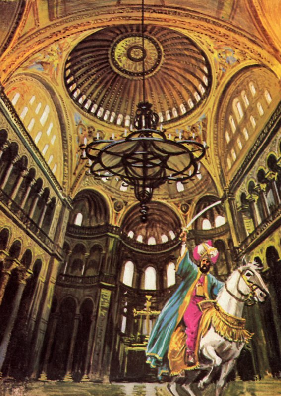 Sultão Mehmed montando seu cavalo na grande igreja de Hagia Sophia de English School