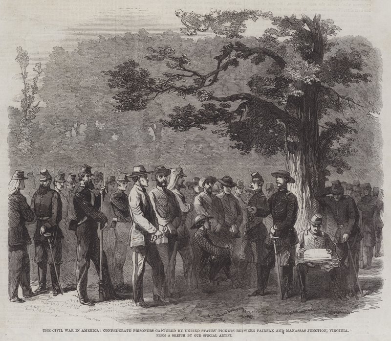 A Guerra Civil na América, prisioneiros confederados capturados pelos piquetes dos Estados Unidos entre Fairfax e Manassas Junction, Virginia de English School
