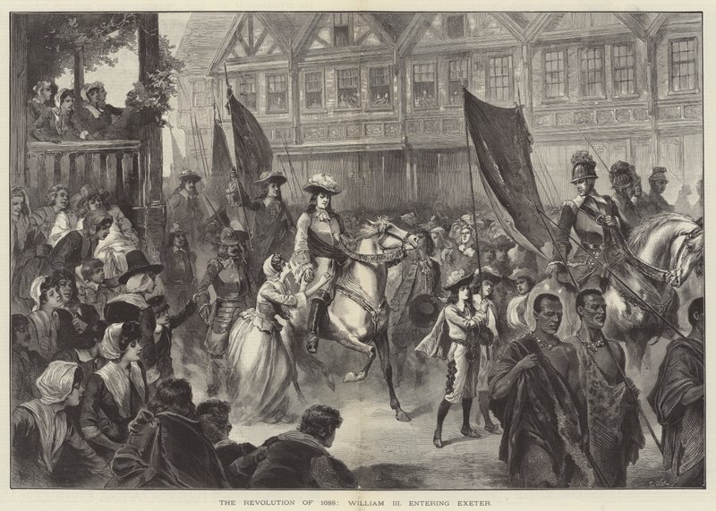 A Revolução de 1688, William III, entrando em Exeter de English School