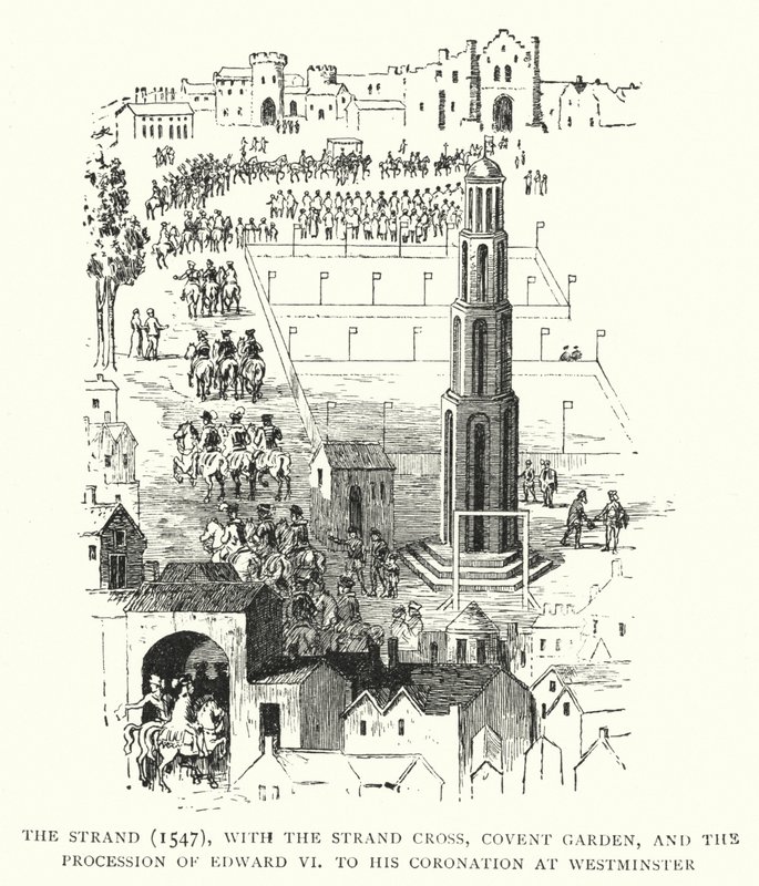 The Strand, 1547, com a Strand Cross, Covent Garden e a procissão de Edward VI à sua coroação em Westminster de English School