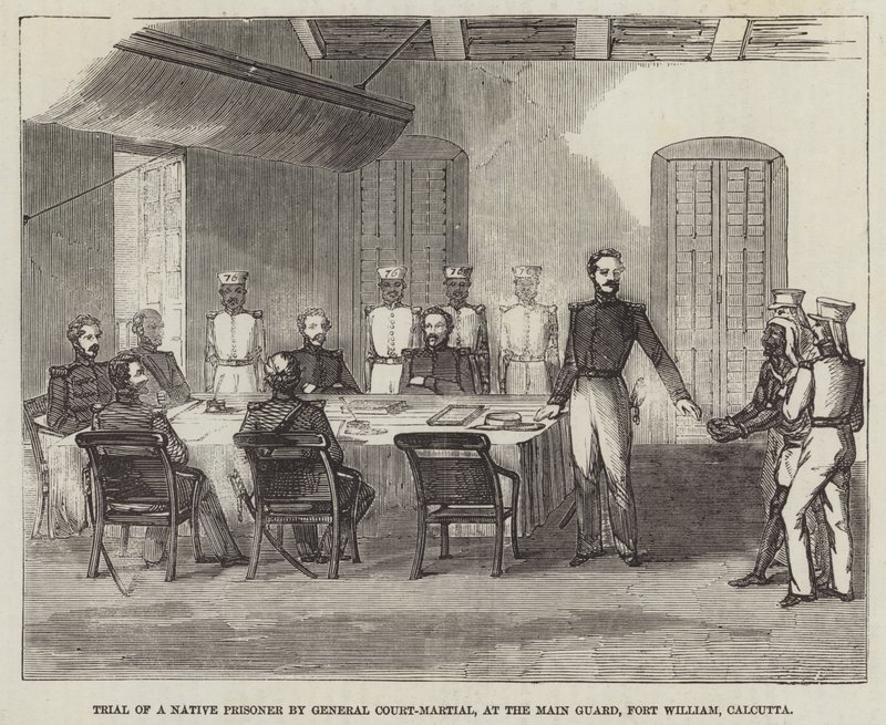 Julgamento de um prisioneiro nativo pelo General Court-Martial, na Guarda Principal, Fort William, Calcutta de English School
