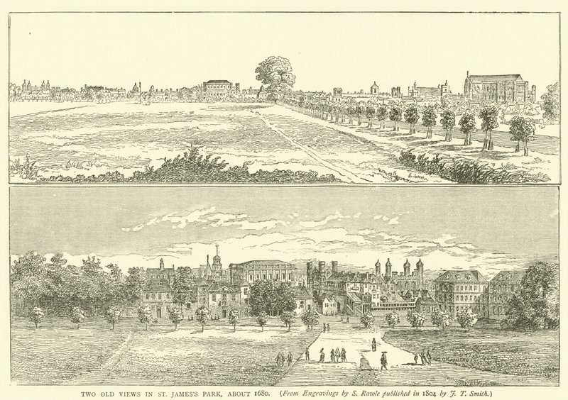 Duas antigas vistas em St Jamess Park, por volta de 1680, de gravuras de S Rawle publicadas em 1804 por JT Smith de English School