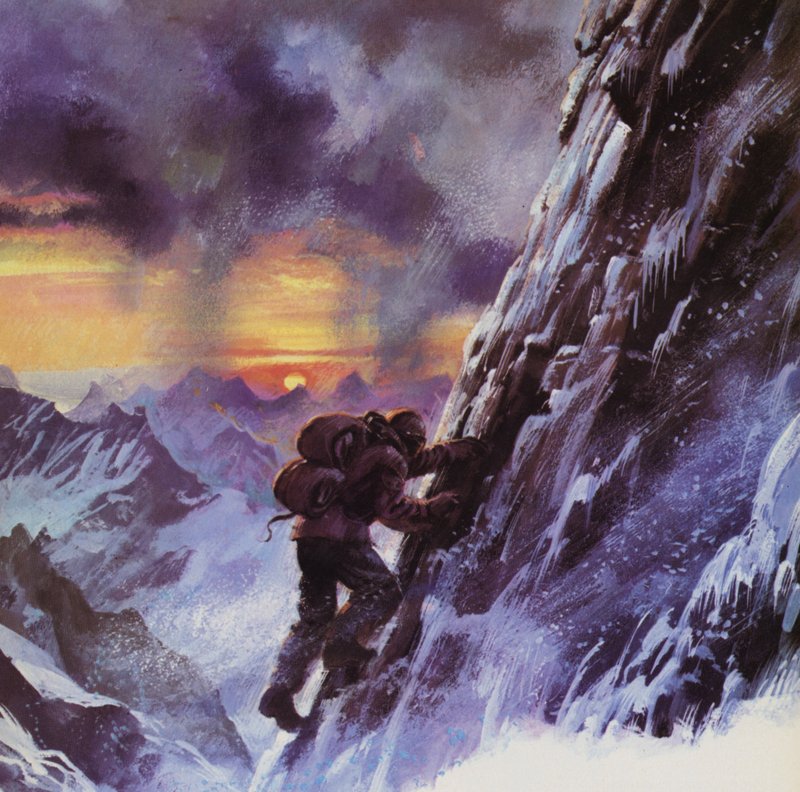Walter Bonatti se levanta em direção ao pico do Matterhorn de English School
