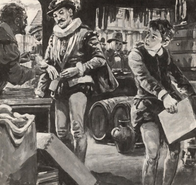 William Shakespeare como um menino, ajudando seu pai na loja de English School