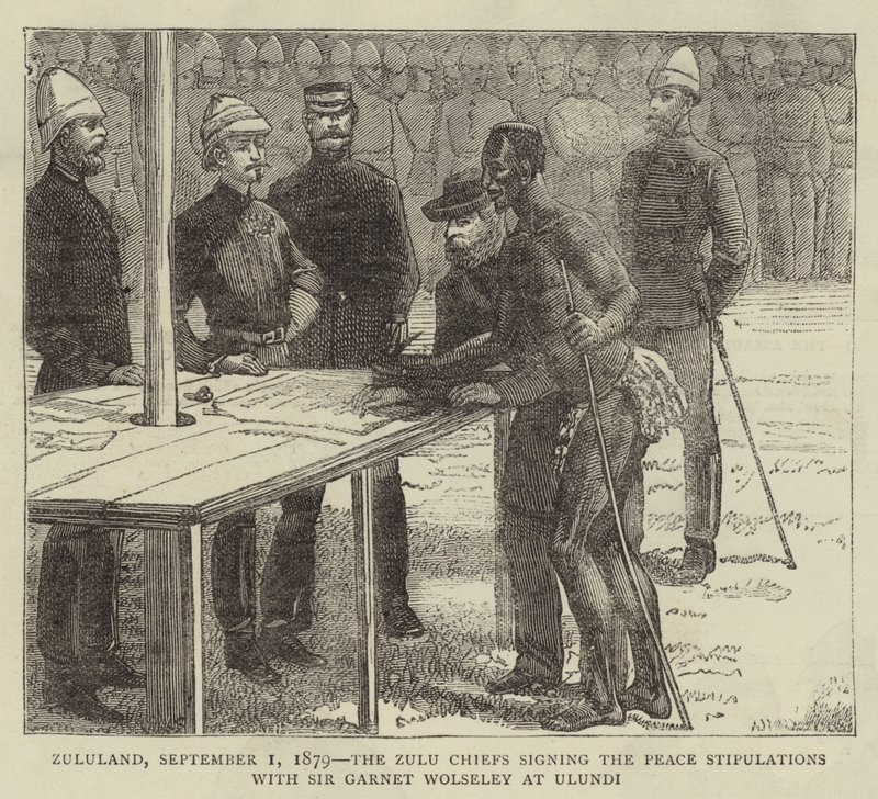 Zululand, 1 de setembro de 1879, os chefes zulus assinam as estipulações de paz com Sir Garnet Wolseley em Ulundi de English School