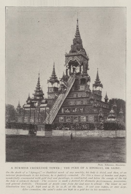 Uma torre de cremação birmanesa, a pira de um Hpongyi ou Saint de English Photographer