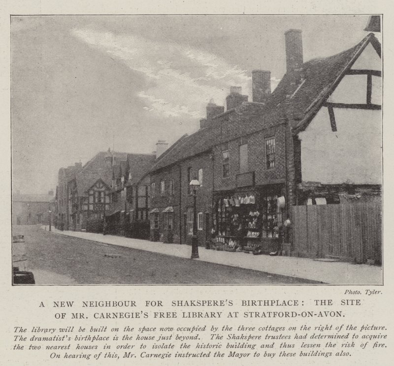 Um novo vizinho para Shaksperes Birthplace, o site do Sr. Carnegies Free Library em Stratford-on-Avon de English Photographer