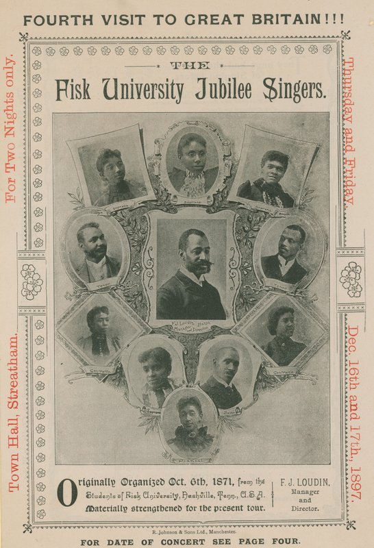 Anúncio para uma aparição de The Fisk University Jubilee Singers de English Photographer