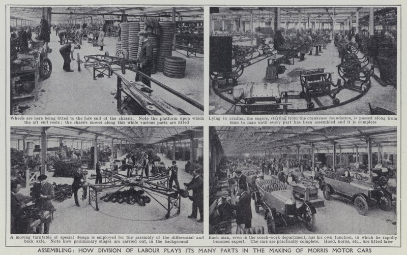 Montagem, Como a divisão do trabalho desempenha os seus muitos papéis na fabricação de Morris Motor Cars (foto a p/b) de English Photographer