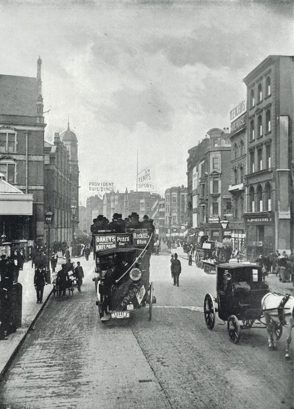 Rua Bishopsgate (sem), olhando para Leste a partir de Liverpool Street (foto a p/b) de English Photographer