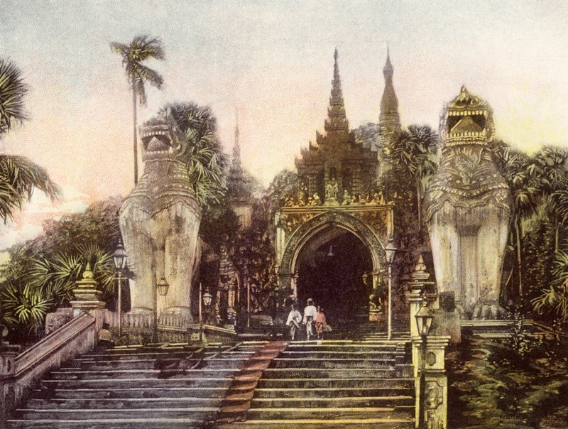 Birmânia / Myanmar: Antiga entrada do Pagode de Shwe Dagon (fotografia a cores) de English Photographer