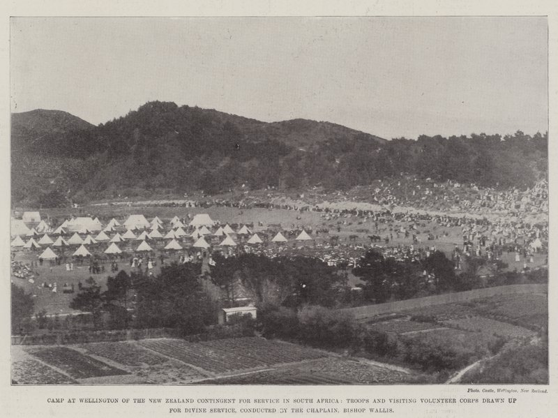 Acampamento em Wellington, Nova Zelândia, Contingente para o Serviço na África do Sul, Tropas e Corpo Voluntário Visitante, preparadas para o Serviço Divino, conduzidas pelo Capelão, Bispo Wallis de English Photographer