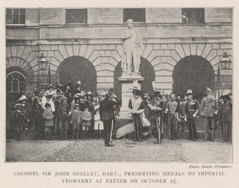 Coronel Sir John Shelley, Baronet, apresentando as medalhas à Imperial Yeomanry em Exeter em 25 de outubro de English Photographer