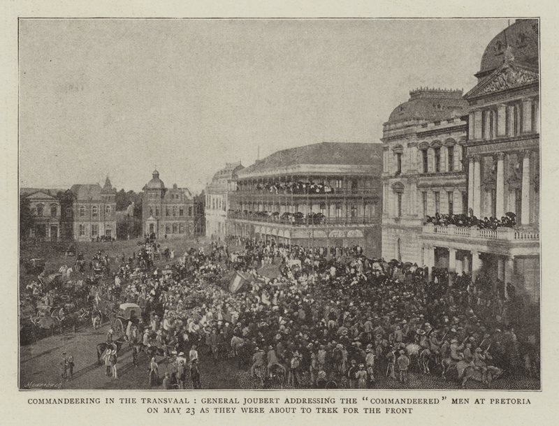 Comandando no Transvaal, General Joubert dirigindo-se aos Homens Comandados em Pretória em 23 de maio, quando eles estavam prestes a Trek para a Frente de English Photographer