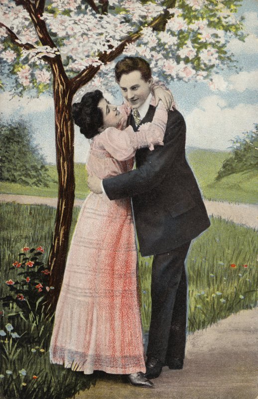 Par, abraçar, sob, um, flor, árvore, (chromolitho) de English Photographer