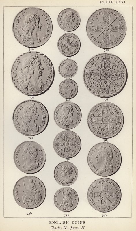 Moedas inglesas, Charles II, James II (foto a p/b) de English Photographer