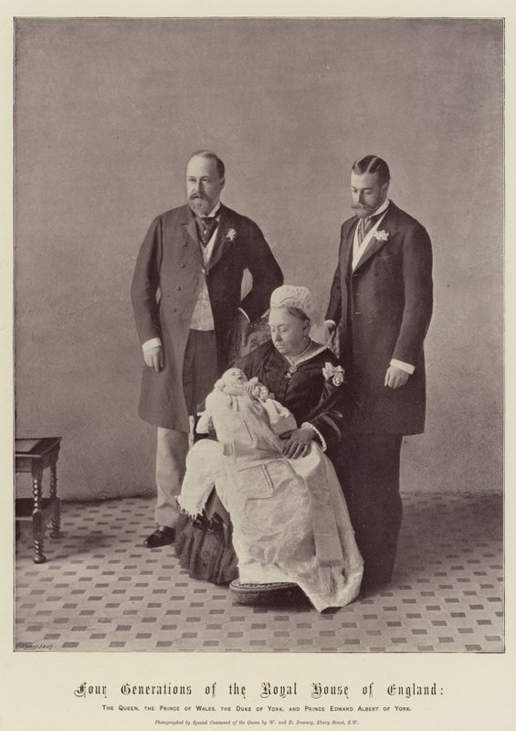 Quatro gerações da Casa Real da Inglaterra, a Rainha, o Príncipe de Gales, o Duque de York e o Príncipe Eduardo Albert de York de English Photographer