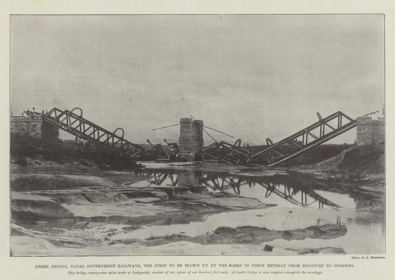 Ponte Frere, Ferrovia do Governo de Natal, a primeira a ser explodida pelos bôeres em seu retiro de Estcourt a Colenso de English Photographer