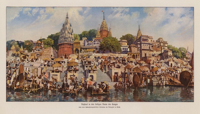 Ghats em Varanasi, no rio Ganges, Índia (fotografia a cores) de English Photographer