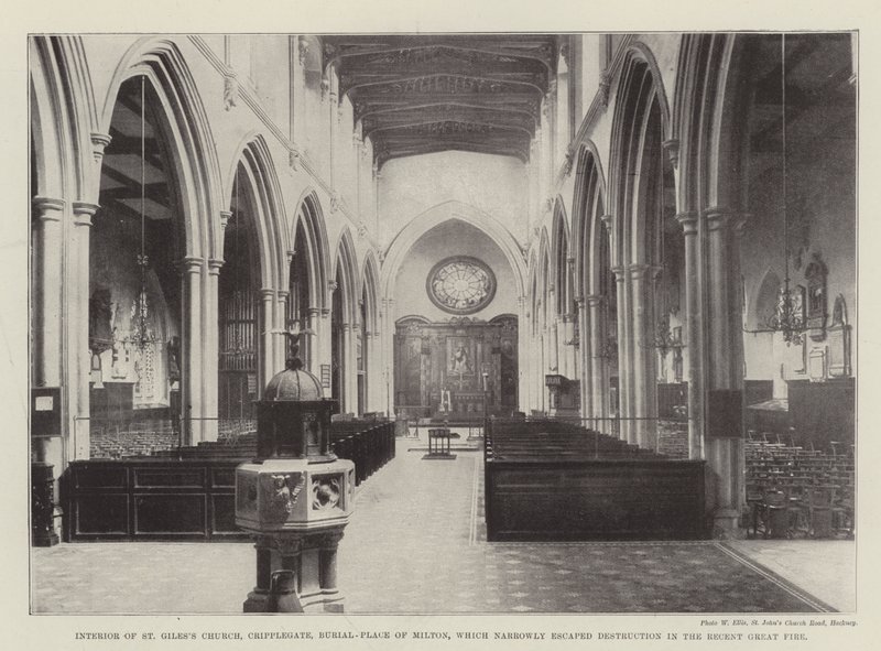Interior da Igreja de St Giless, Cripplegate, Burial-Place de Milton, que escapou por pouco da destruição no recente grande incêndio de English Photographer