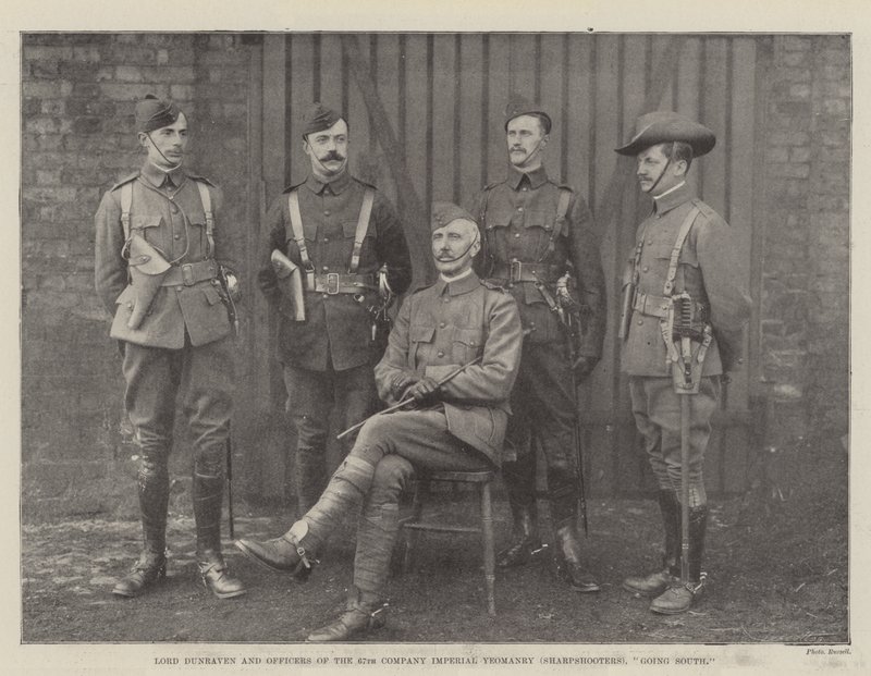 Lord Dunraven e oficiais da 67ª Companhia Imperial Yeomanry (Sharpshooters), indo para o sul de English Photographer