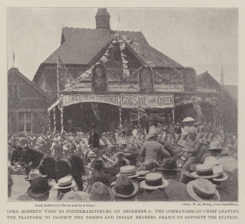 Lord Roberts Visita a Pietermaritzburg em 4 de dezembro, o comandante-em-chefe deixando a plataforma para inspecionar as tropas e os portadores indianos, elaborado em frente à estação de English Photographer