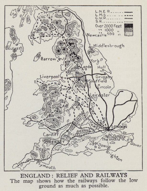 Mapa mostrando como as ferrovias na Inglaterra seguem o terreno baixo tanto quanto possível (foto a p/b) de English Photographer
