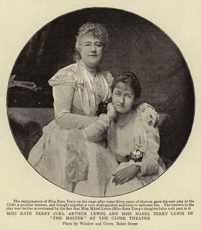 Miss Kate Terry (Sra. Arthur Lewis) e Miss Mabel Terry Lewis em O Mestre no Teatro Globe de English Photographer