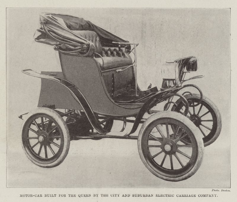 Motor-Car construído para a rainha pela cidade e empresa de transporte elétrico suburbano de English Photographer