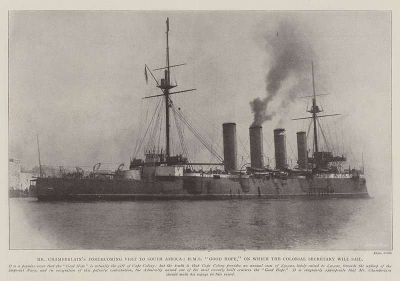 Visita de Chamberlains a África do Sul, HMS Good Hope, na qual o Secretário Colonial navegará de English Photographer
