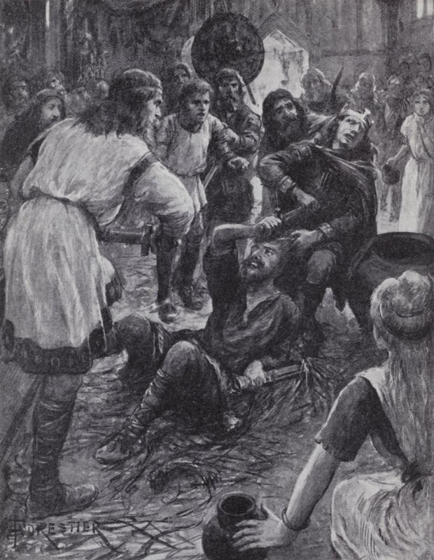 Assassinato do rei Edmundo I enquanto assistia à missa do dia de Santo Agostinho em Pucklechurch, Gloucestershire, 946 (litho) de English Photographer