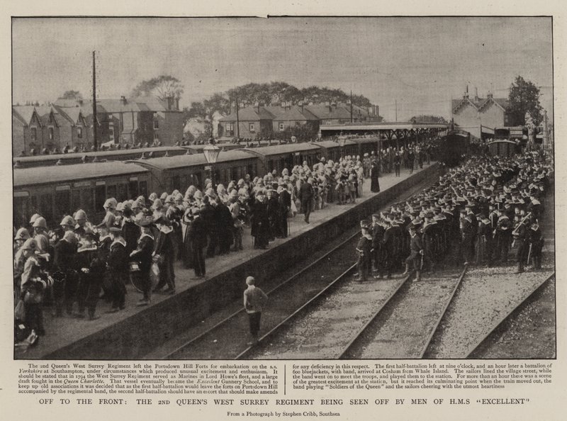 Off to the Front, o 2º Queens West Surrey Regiment sendo visto por homens do HMS Excellent de English Photographer