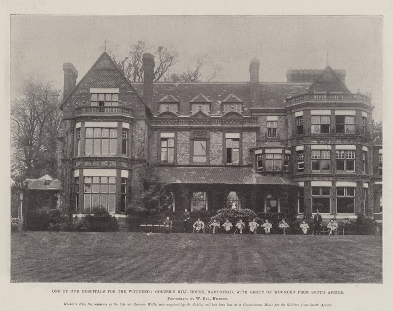 Um dos Nossos Hospitais para os Feridos, Golders Hill House, Hampstead, com o Grupo dos Feridos da África do Sul de English Photographer
