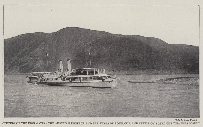 Abertura dos Portões de Ferro, o Imperador Austríaco e os Reis da România e Servia a bordo do Francis Joseph de English Photographer