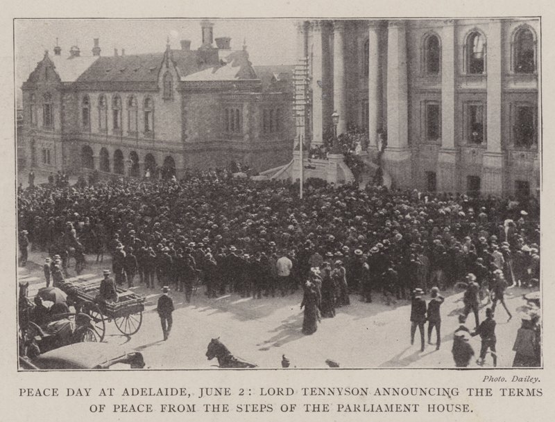 Dia da Paz em Adelaide, 2 de junho, Lord Tennyson anunciando os Termos de Paz dos Passos da Casa do Parlamento de English Photographer