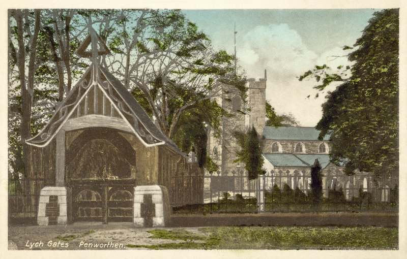 Igreja de Penwortham e portões de Lych (foto a cores) de English Photographer