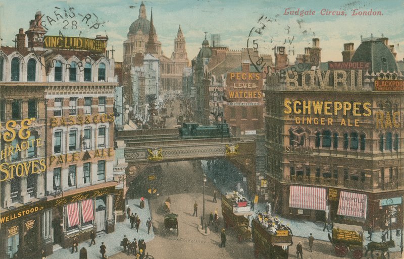 Postal de Ludgate Circus, Londres, enviado em 1913 (foto colorida à mão) de English Photographer