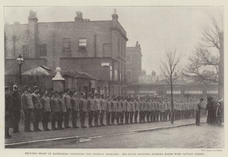 Princesa Henrique de Battenberg inspecionando o Imperial Yeomanry, Sua Alteza Real agitando as mãos com o Capitão Seeley de English Photographer