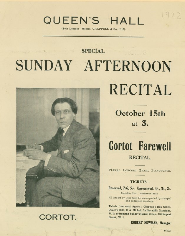 Programa para o recital de despedida de Cortot de English Photographer