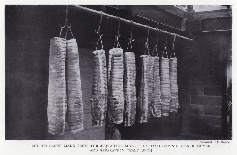 Bacon enrolado feito de três quartos de lado, tendo os presuntos sido retirados e tratados separadamente (foto a p/b) de English Photographer