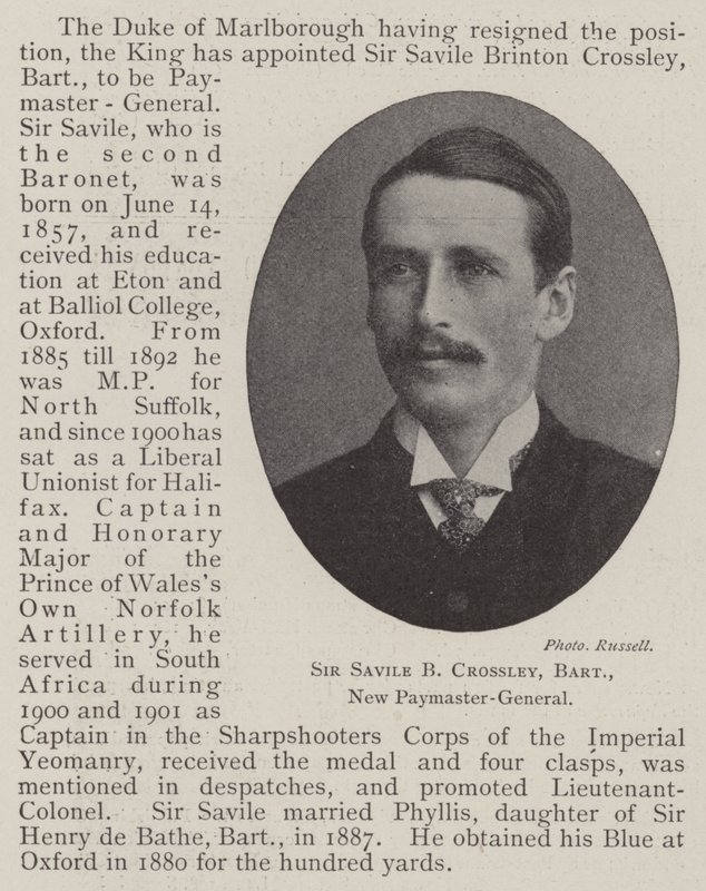 Sir Savile B Crossley, baronete, novo tesoureiro-geral de English Photographer