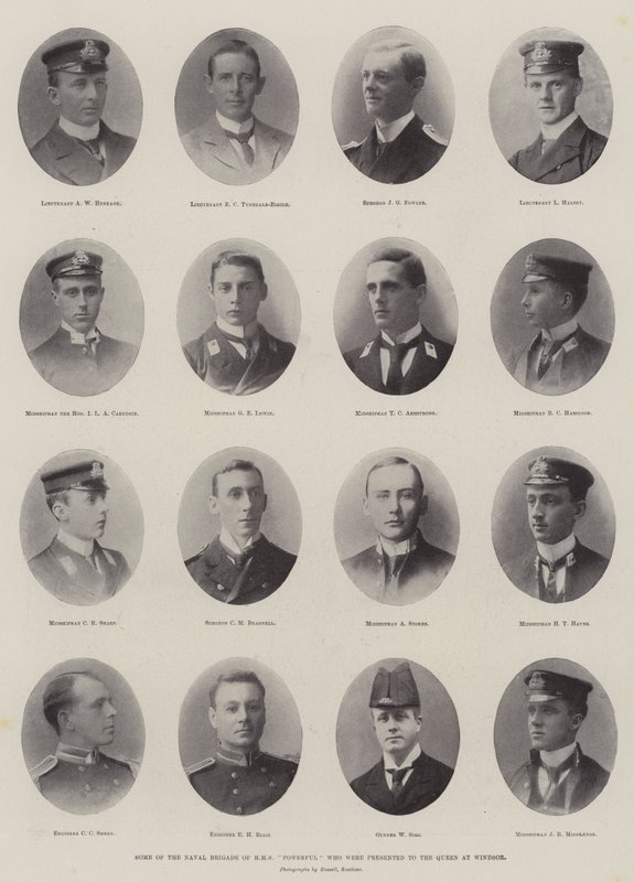Alguns da brigada naval de HMS poderoso que foram apresentados à rainha em Windsor de English Photographer