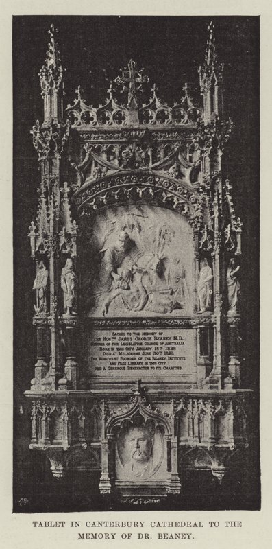 Tablet na Catedral de Canterbury para a memória do Dr. Beaney de English Photographer
