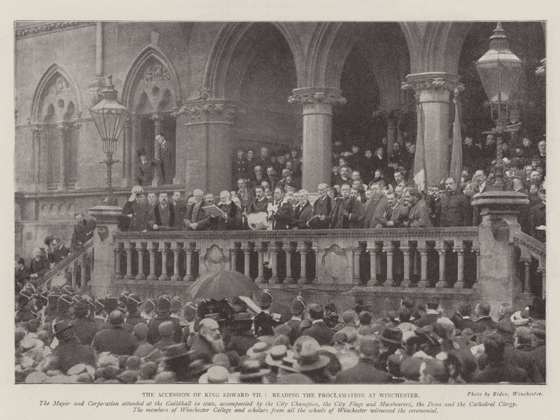 A adesão do rei Edward VII, lendo a proclamação em Winchester de English Photographer