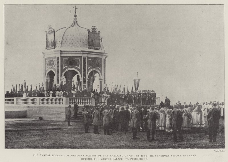 A Bênção Anual das Águas de Neva na Ruptura do Gelo, a Cerimônia antes do Czar fora do Palácio de Inverno, São Petersburgo de English Photographer
